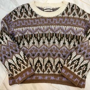 Patterned Knit Sweater - Brown, Cream, Purple